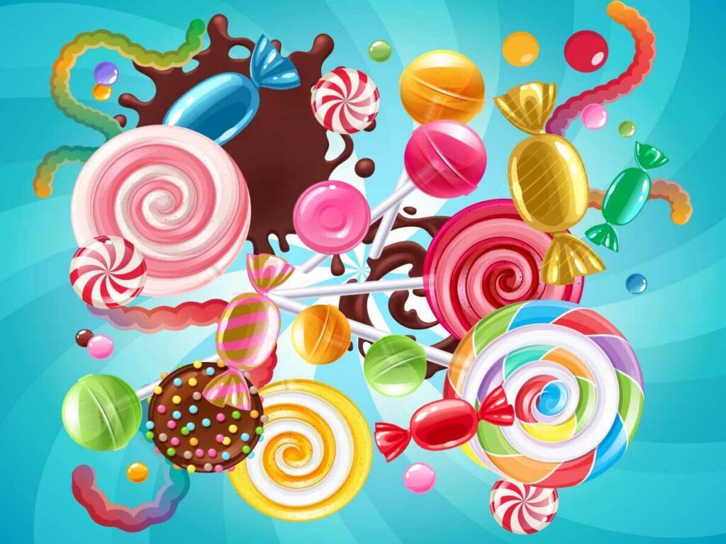 A variety of different candies, including lollipops, mints, chocolates, and gummy worms, all swirl together in the middle of a spiral.