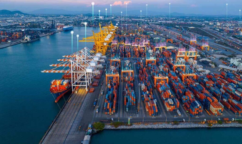 A container port at the end of the day