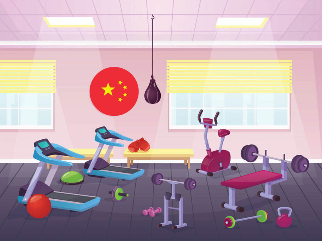 A digital image depicting a home gym with treadmills, weight lifting equipment, a stationary bike, yoga balls, boxing gloves and a punching bag. The wall of the gym is adorned with the national flag of the People's Republic of China.