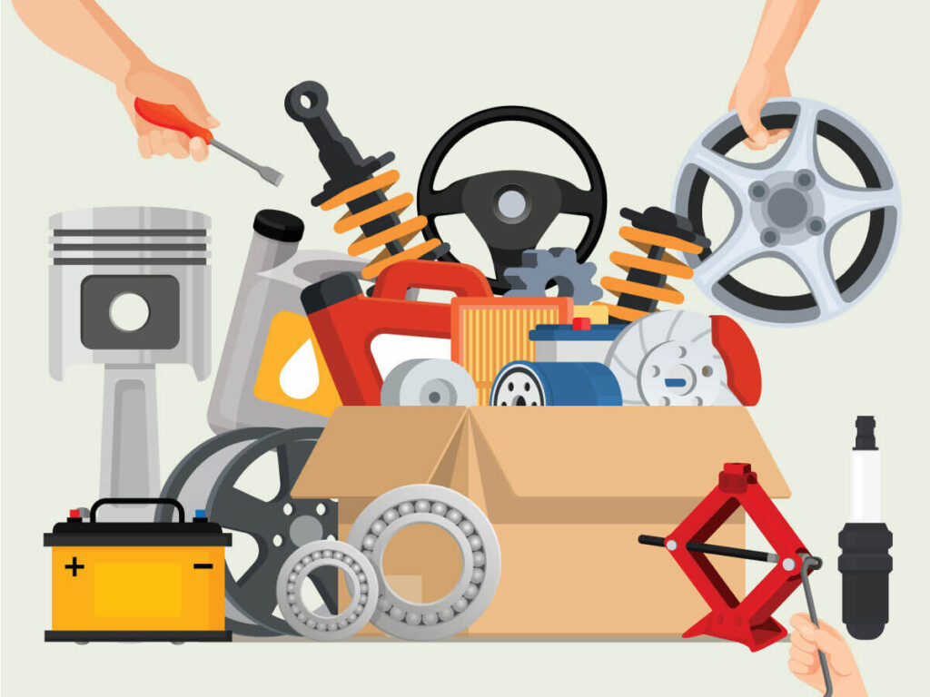A digital image depicting several different auto parts including coil-over struts, wheel bearings, a piston, 12 volt battery, scissor jack, wheels, oil filter, spark plug, slotted rotor and caliper assembly, and an air filter.