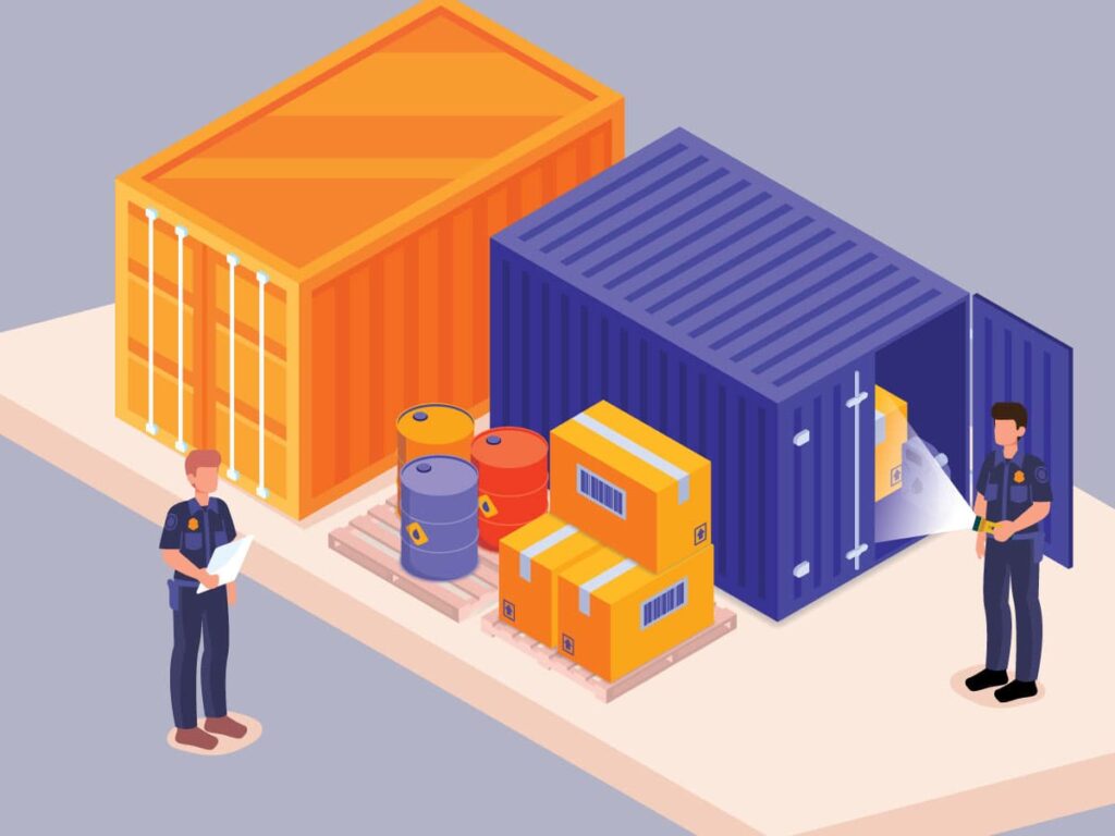 A graphic portraying the inspection of cargo by CBP for the purpose of clearing customs.