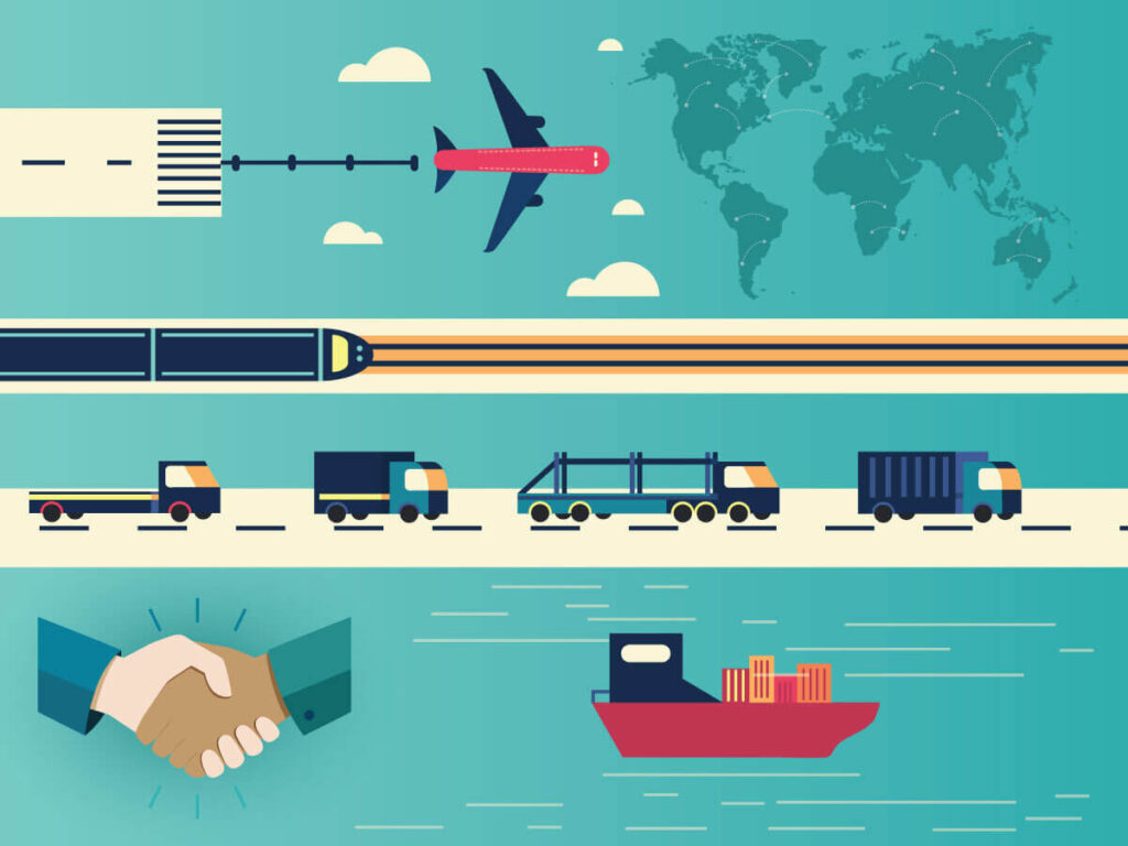 A digital image using pictures of a plane, train, cargo ship, semi trucks, and a handshake deal between two businessmen to symbolize the practice of importing and exporting goods.