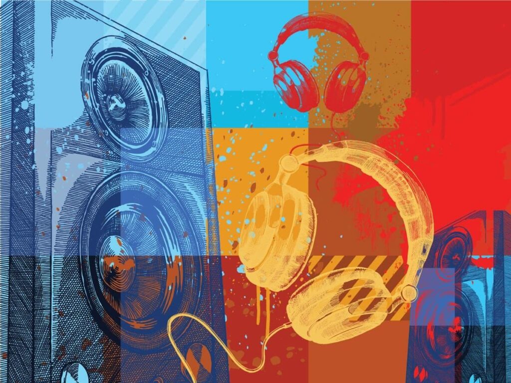 A stylized image of two pairs of headphones next to a stack of loudspeakers on a blue, yellow, red, and brown background with dots and streaks of color in the foreground.