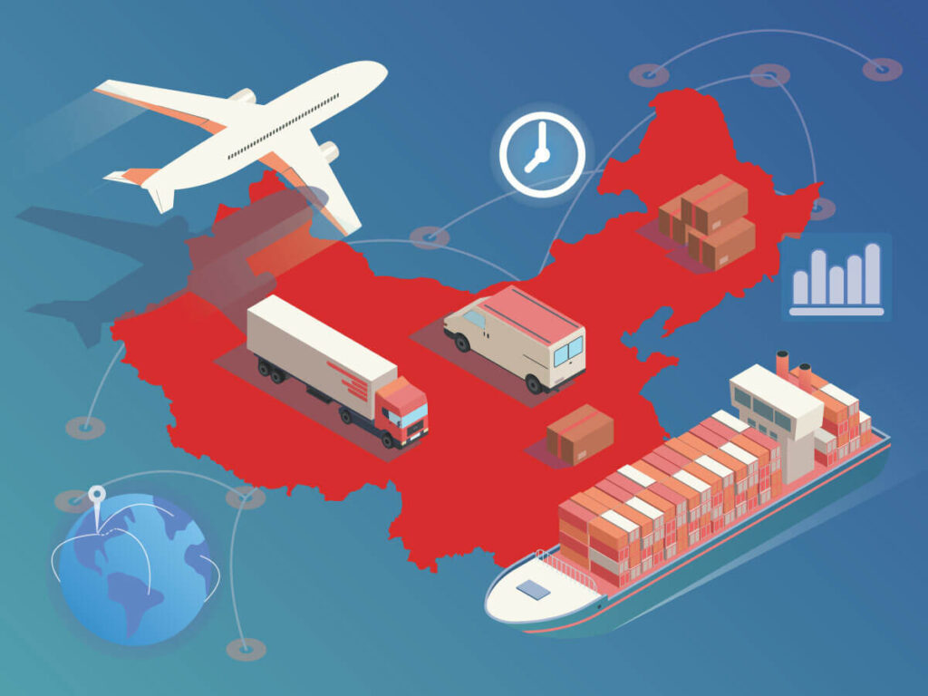 A digital image depicting multiple modes of transportation such as semi trucks, a cargo ship, and a cargo jet positioned on or above the country of China, supporting the article title "Importing From China: What You Need to Know"
