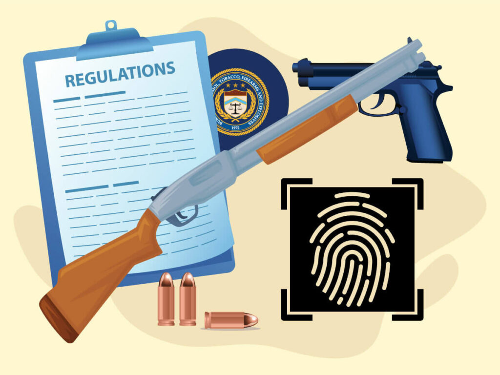 A picture of a shotgun, pistol, fingerprint, and ATF import documents