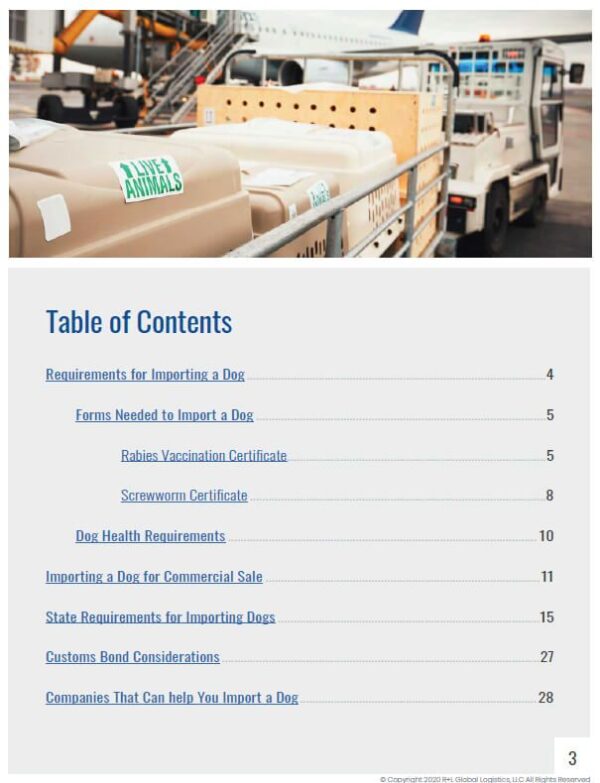 A Guide to Importing Dogs Table of Contents Page