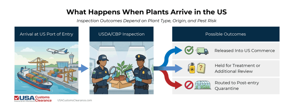 A process flow graphic titled "What Happens When Plants Arrive in the US" depicting a typical process that plants undergo when imported into the US. The process is described as follows:

1: Arrival at US Port of Entry, Flow Label 2: USDA/CBP Inspection, Flow Label 3 (Possible Outcomes): Released Into US Commerce, Held for Treatment or Additional Review, Routed to Post-entry Quarantine