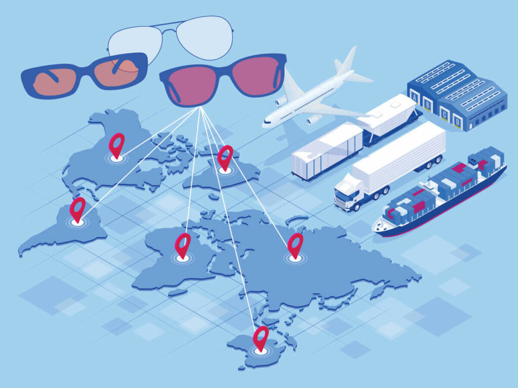 A stylized digital rendering showing three pairs of eyeglasses floating over a world map with lines connecting the glasses to points on the map and a warehouse, cargo vessel, semi truck, cargo train, and cargo jet displayed next to the world map.