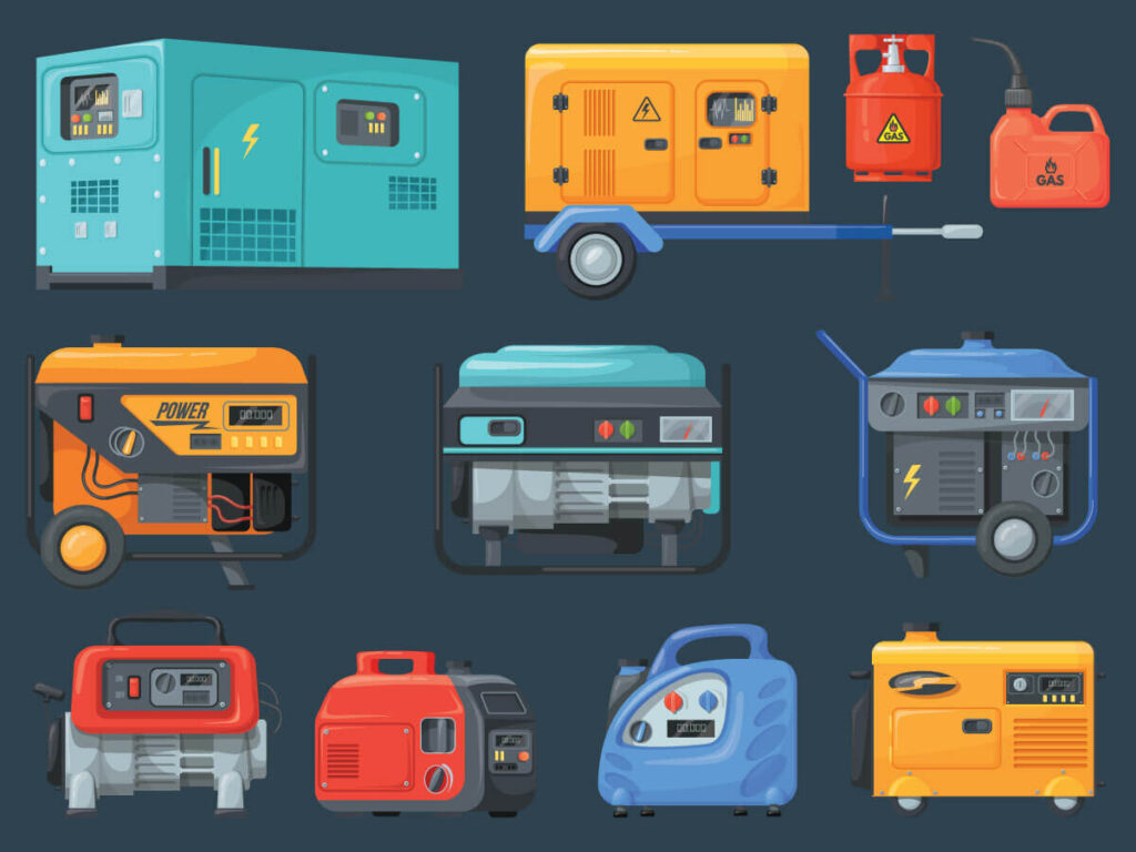A stylized digital rendering of several different types of generators, including gas-powered portable designs, stationary commercial backup generators, a heavy-duty model mounted to a trailer, and solar-powered models.