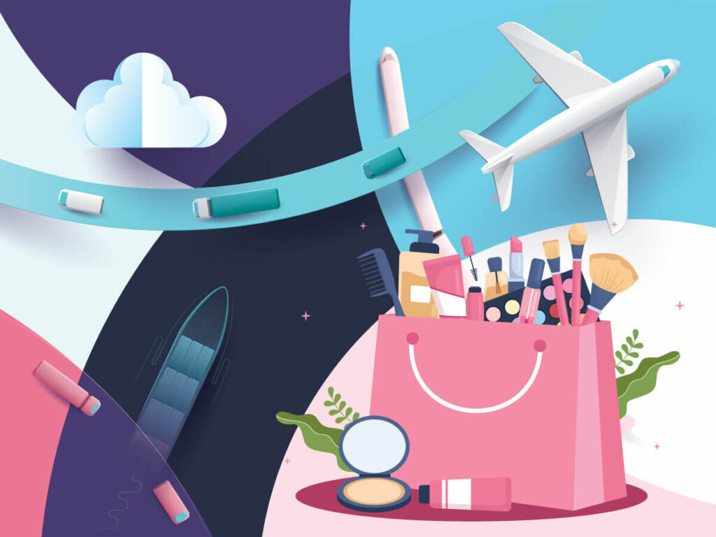 A stylized digital image displaying a pink handbag overflowing with cosmetic products superimposed over depictions of rail, air, road, and ocean transport, supporting the article title "How to Import Cosmetic Products Into the US".