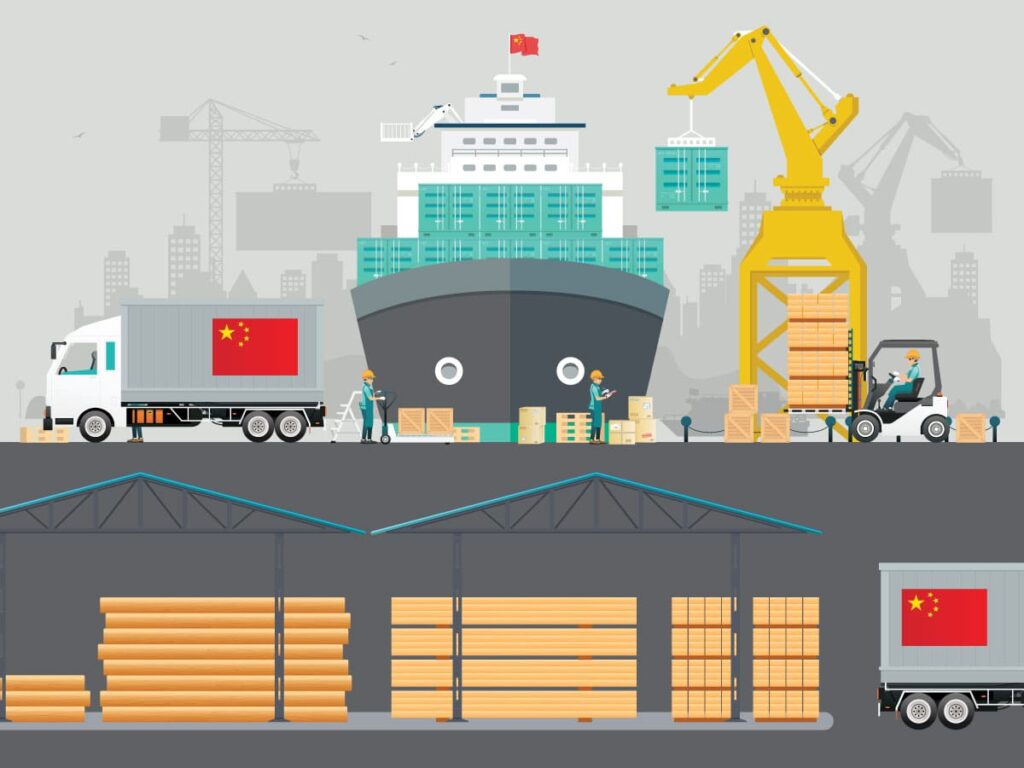 An illustration of a container ship being loaded at port. There are box trucks around it with a Chinese flag to indicate the point of origin for the plywood products visible.