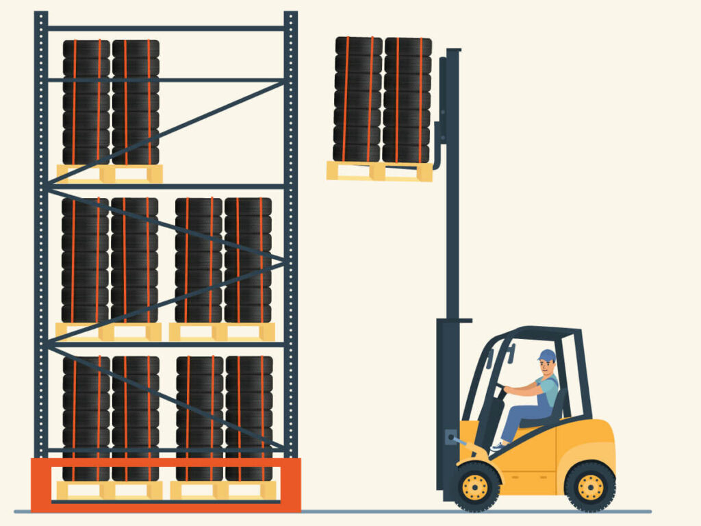 A cartoon-style digital image of a certified forklift operator using a forklift to position a pallet of tires on the top shelf of a warehouse tire rack.