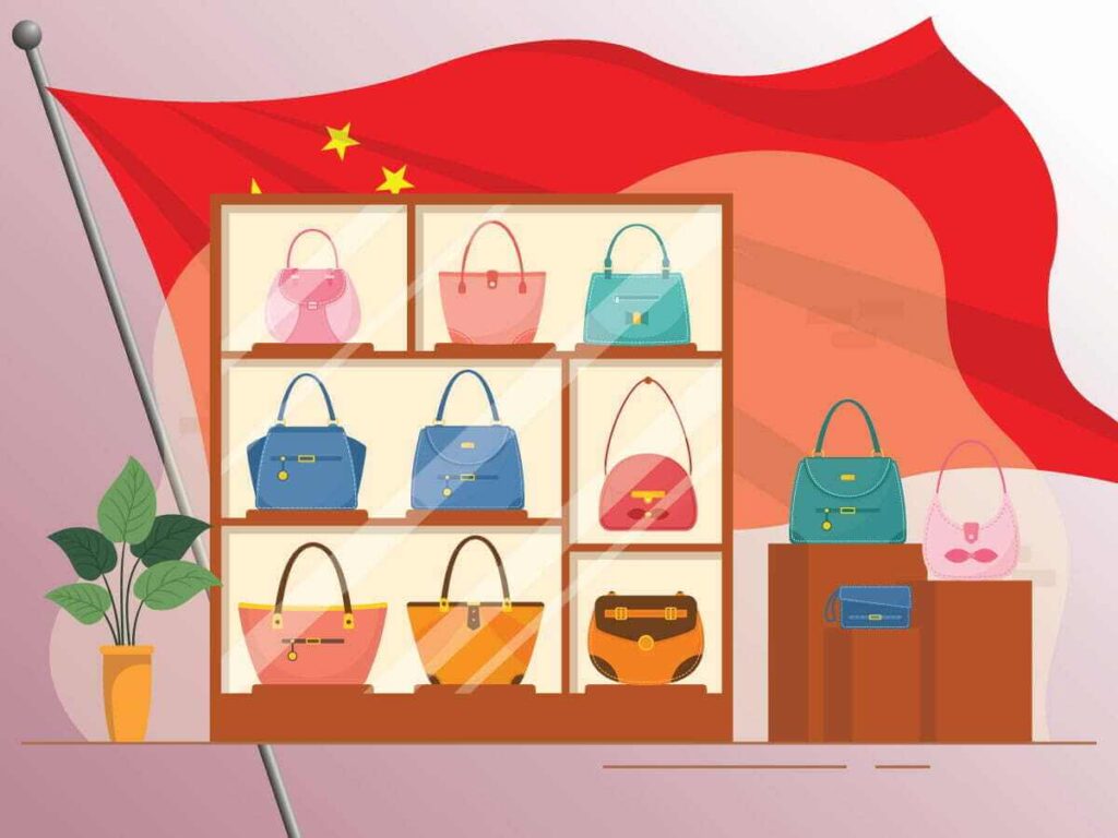 A digital rendering of nine different styles of handbags in a showcase and three more on a tired display stand next to it. A Chinese flag is shown in the background of the image.