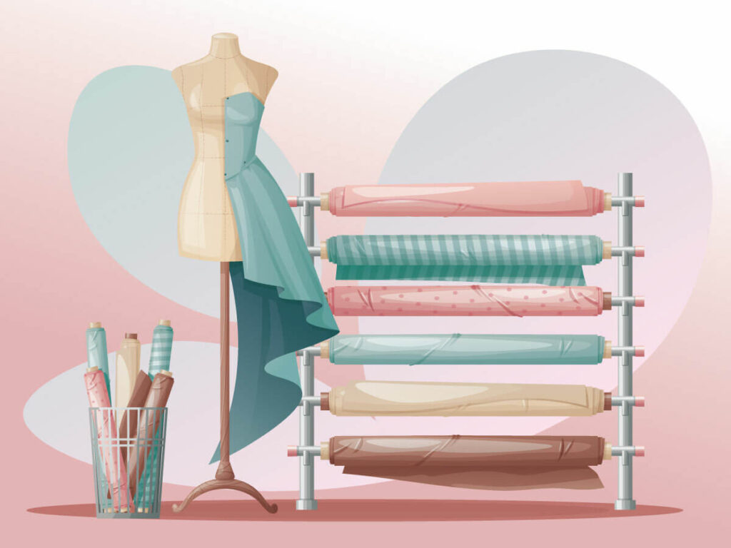 A digital rendering of a tailor's work station, including a dummy with half a torquoise dress pinned to it, a rack with several differently colored bolts of silk, and a floor storage unit with several shorter bolts of silk fabric.