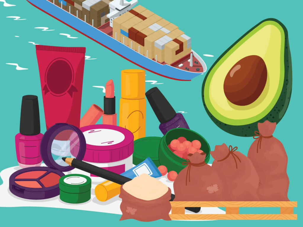Beauty products, animal feed, beauty products, and a cargo ship in the background