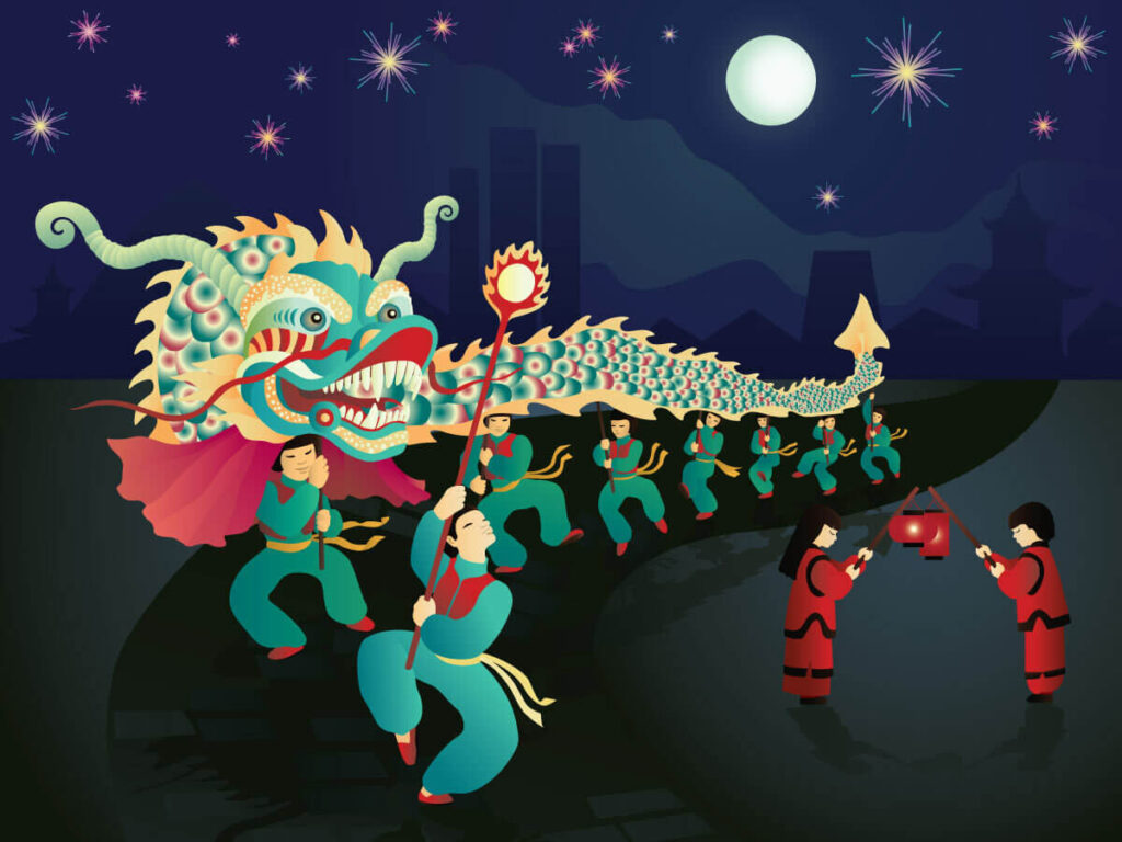 A digital image depicting several individuals in traditional Chinese garb puppeteering a Chinese dragon down a road at night, with two individuals on the side of the road holding red lanterns.