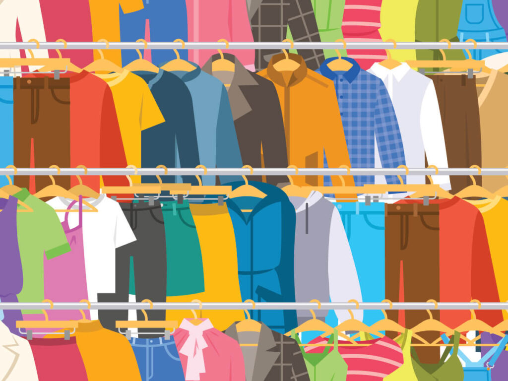 An artistic image that shows different types of clothing hanging from a layered set of rods.