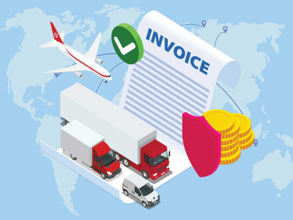 A commercial invoice with different vehicles on it, an aircraft flying above, a shield, some coins, and a map of the globe in the background