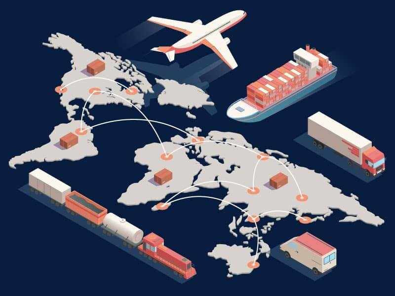 A digital image depicting a map of the world with points highlighted in beige connected by curving white lines. The image also displays several modes of transportation including a cargo jet, cargo vessel, semi truck, and cargo train, reinforcing the article's subject matter about customs bonds