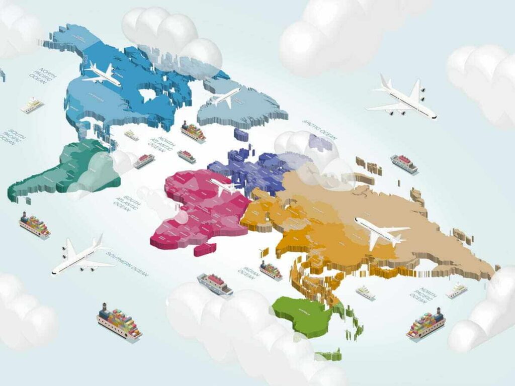 A digital depiction of a map of the world> The oceans and countries are labeled and the countries are color-coded according to their continents. Several container vessels and cargo jets can be seen flying over the map.