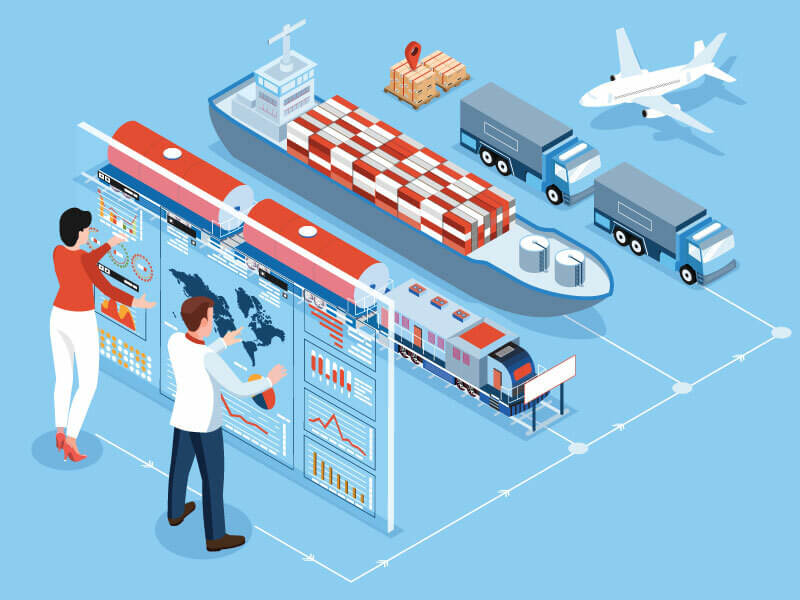 Import specialists tracking cargo as they look over a train, cargo vessel, and delivery trucks.