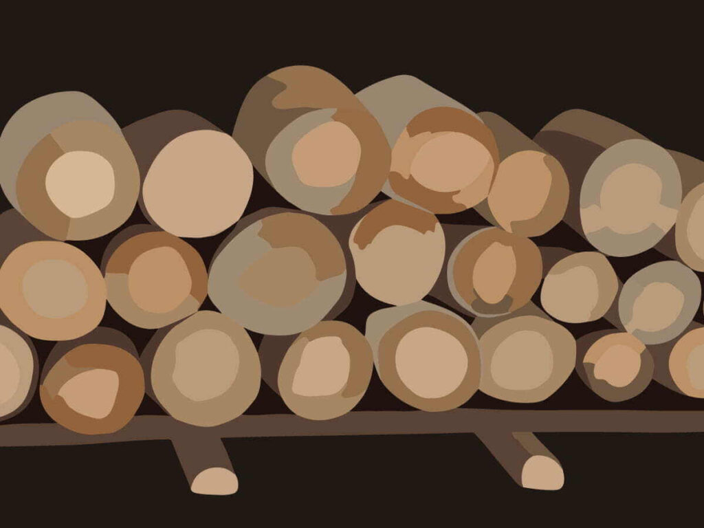 A digital image depicting several rosewood logs stacked together on a wooden rack.