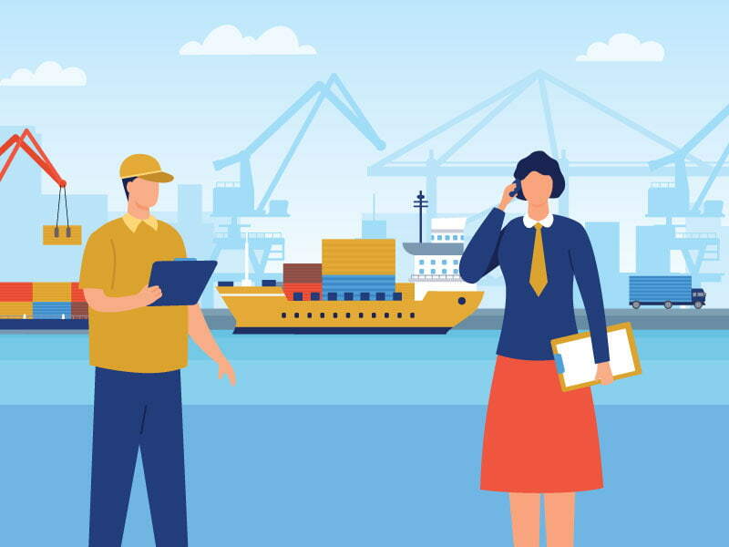 A minimalist image depicting dockworkers (one male, one female) holding clip boards. The background depicts cargo vessels, loading cranes, and a drayage truck.