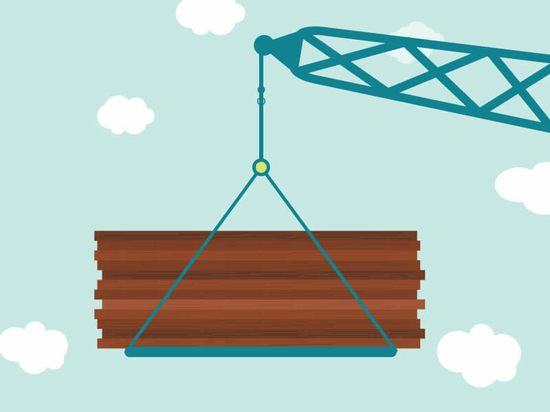 Animated image of a stack of plywood being lifted by a crane.