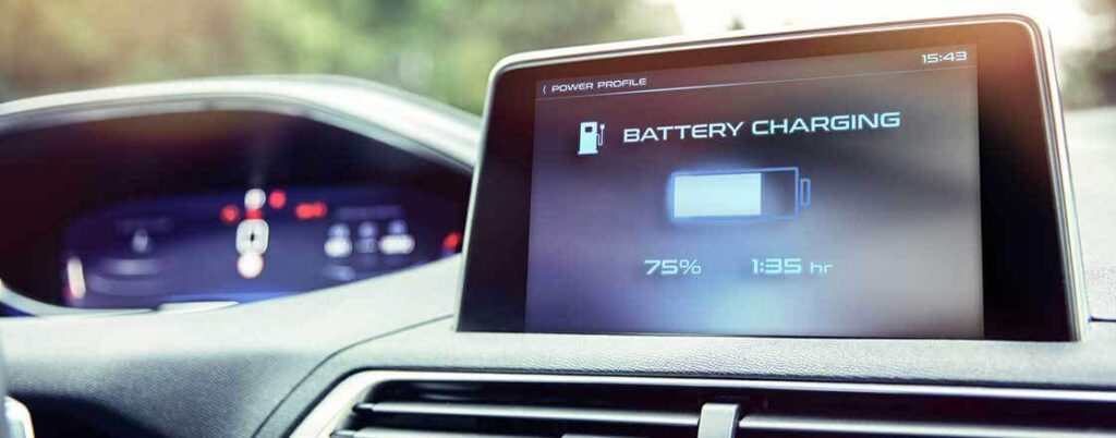 A digital screen inside of an electric vehicle displaying the battery level