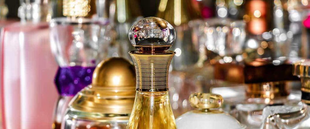 close up of several different perfume bottles
