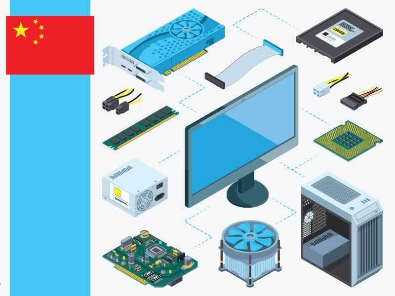 Computer parts next to the Chinese flag