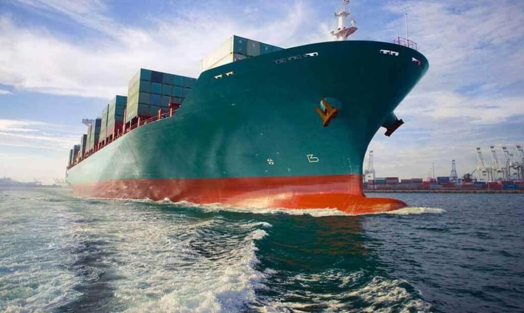 close up of the bow of a container ship from the side