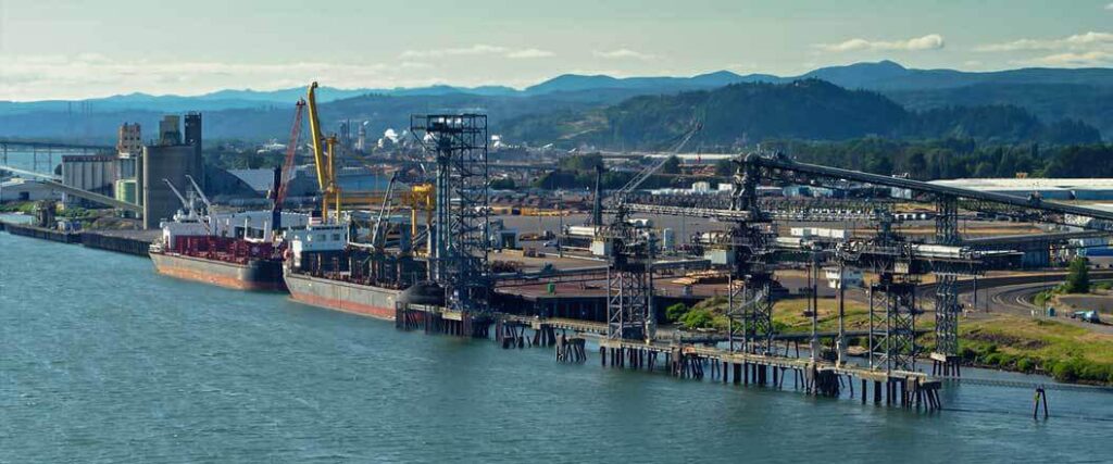 View of a port terminal with two ships docks.