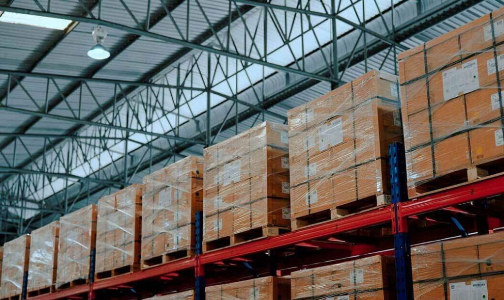 Palletized boxes in a warehouse