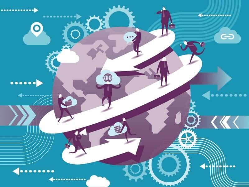 A globe with people around it