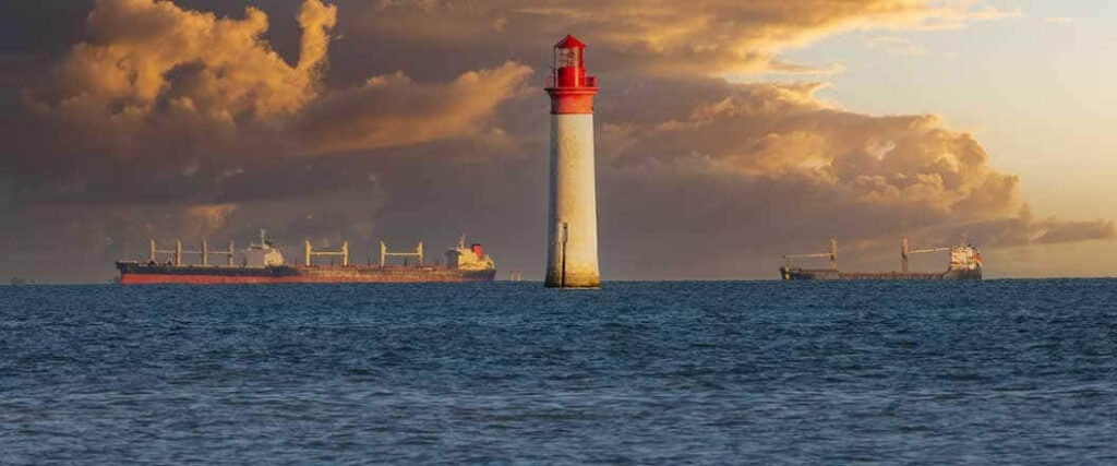 A long-distance view of a lighthouse.