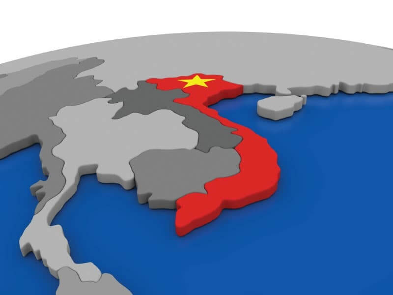 The country of Vietnam colored by its flag