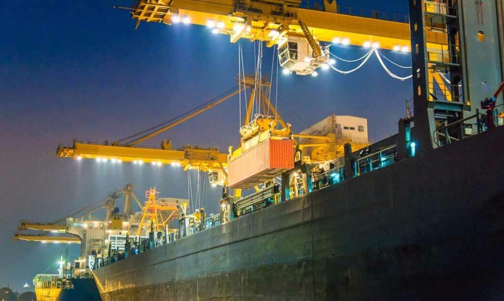A container ship is loaded with cargo after the ISF filing deadline.