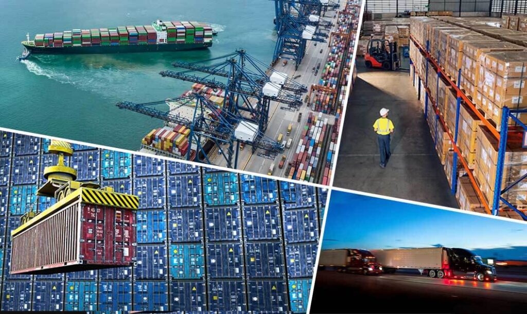 A collage of four images representing different logistics sectors. A container ship leaving port, a worker inpecting pallet racks in a warehouse, a crane lifting a marine shipping container, and tractor-trailers moving along a highway.