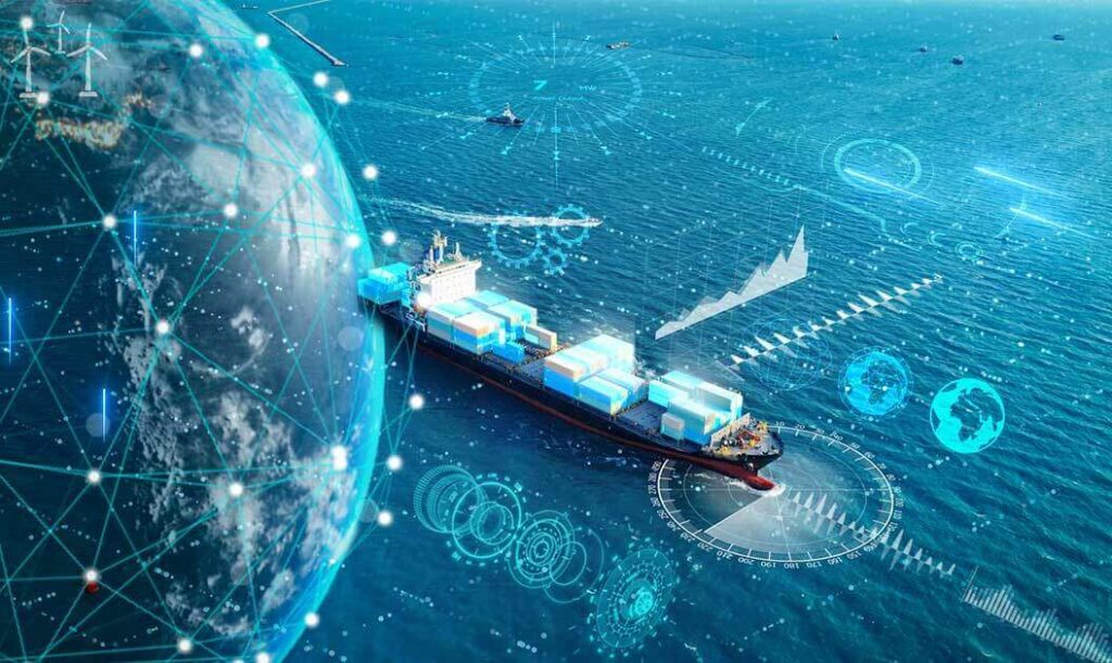 A cargo ship traveling across the sea