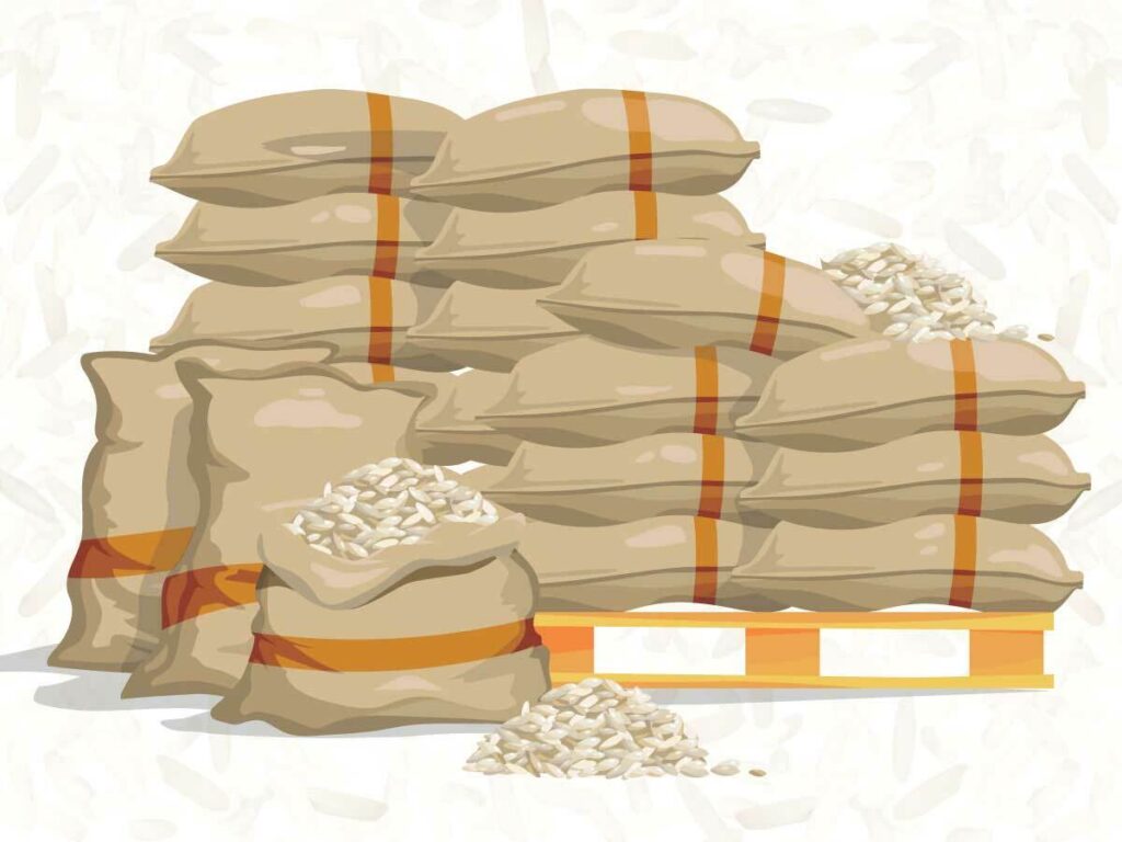 Bags of rice stacked on top of each other