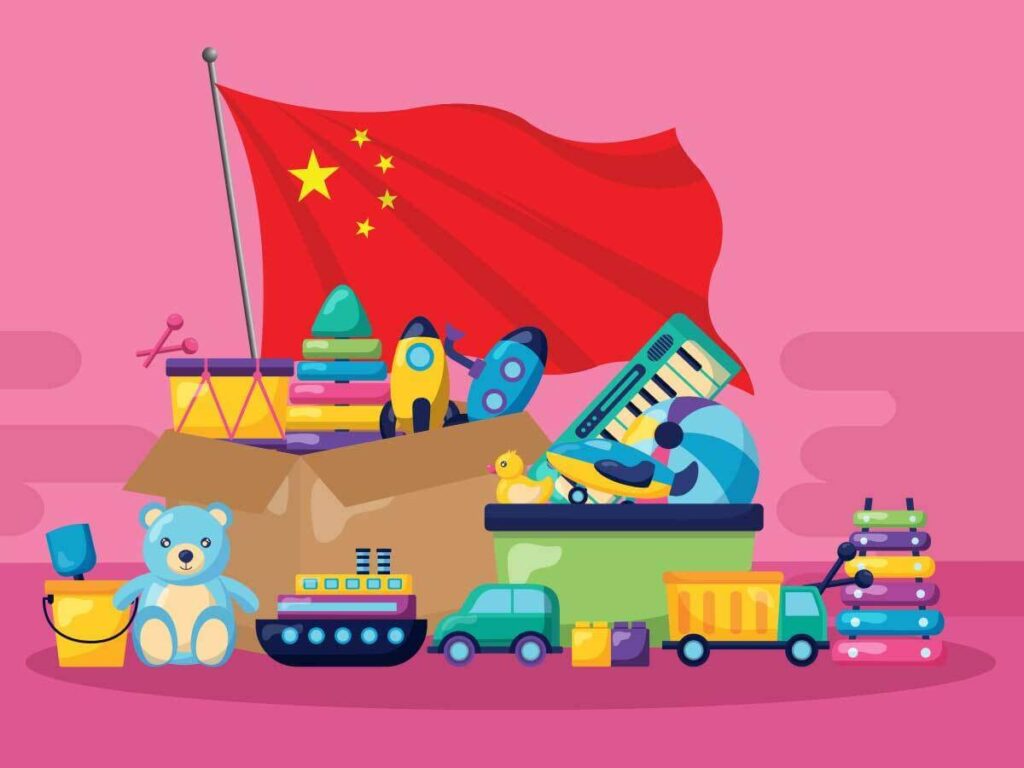 Toys inside a box with the Chinese flag in the background