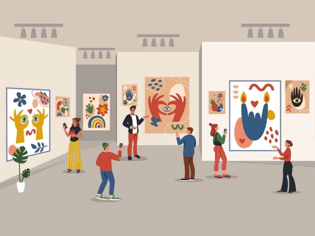 A digital image depicting an art museum with several paintings on display based on iconography inspired by hands, eyes, leaves, flowers, and other elements of nature. Five individuals are depicted appreciating and taking photographs of the paintins in the museum.
