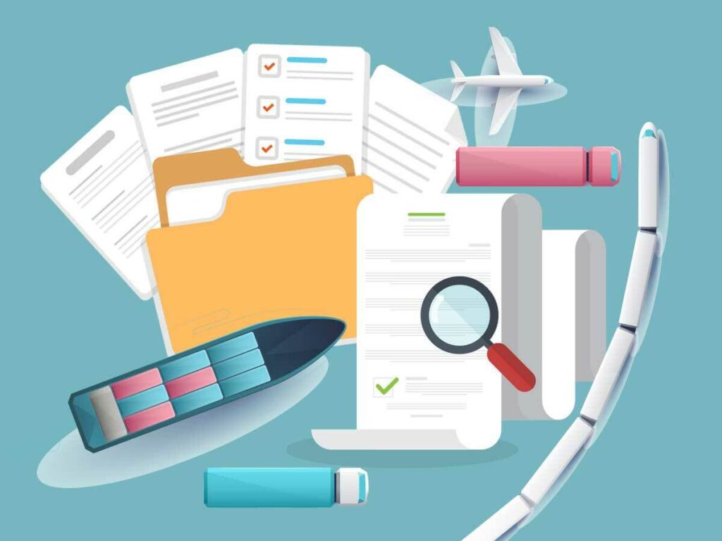 A small cargo ship with various documents and a magnifying glass