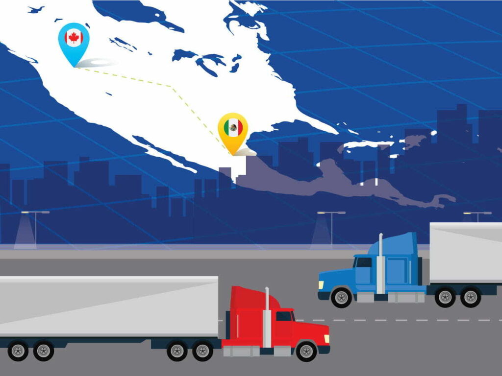 In the foreground, two trucks are driving past one another heading in opposite directions. In the background is a map of North America with 2 directional pin indicators, placed at the US/Canada border and the Mexico/US Border.