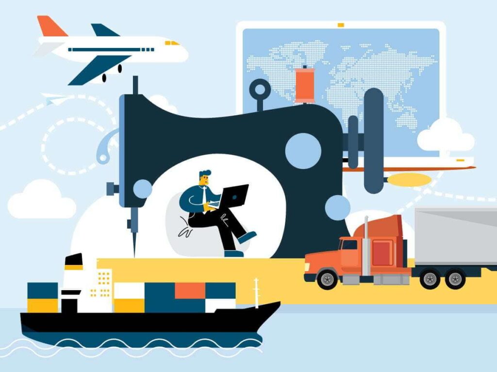 A graphic style image combining multiple elements to convey how sewing machines can be imported from overseas with the help of a Customs Broker by air, vessel, or truck transportation.