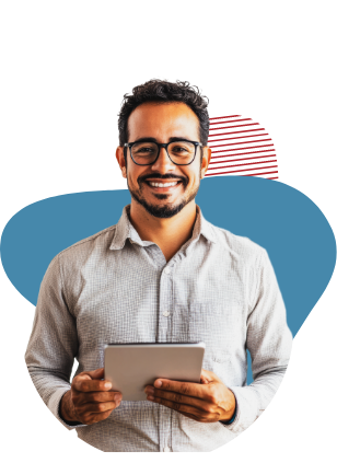Man wearing gray shirt holding a computer tablet