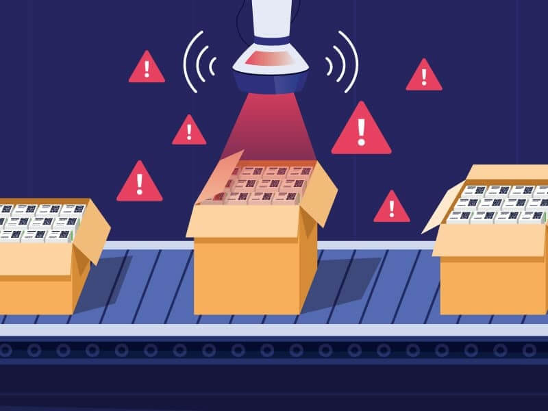 A digital image depicting open cargo boxes on a conveyor belt, with the middle box shown triggering a sensor with alarm klaxons represented by red triangles with exclamation points.