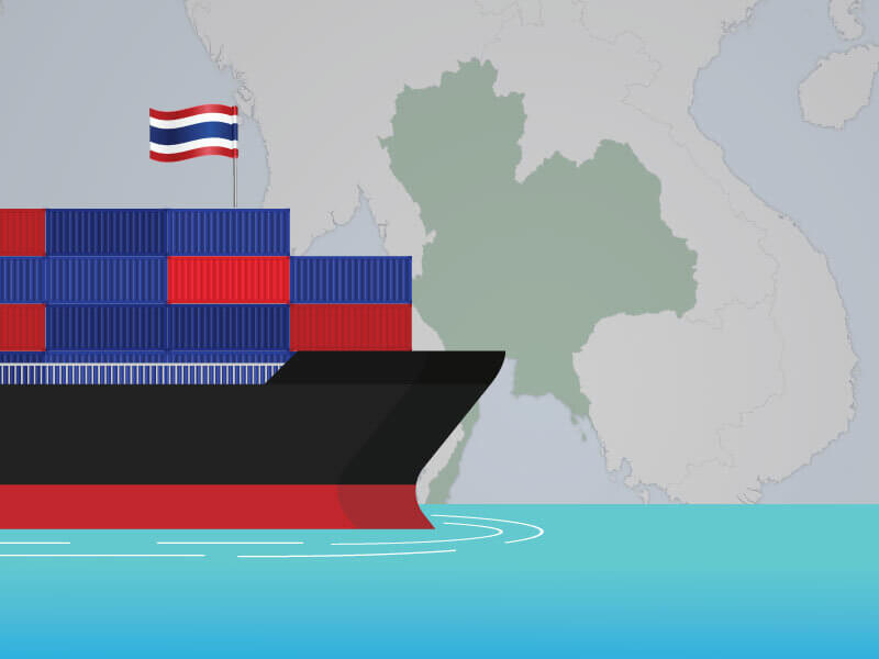 A minimalist digital image depicting a cargo vessel flying under Thailand's flag, with a map of Thailand in the background.