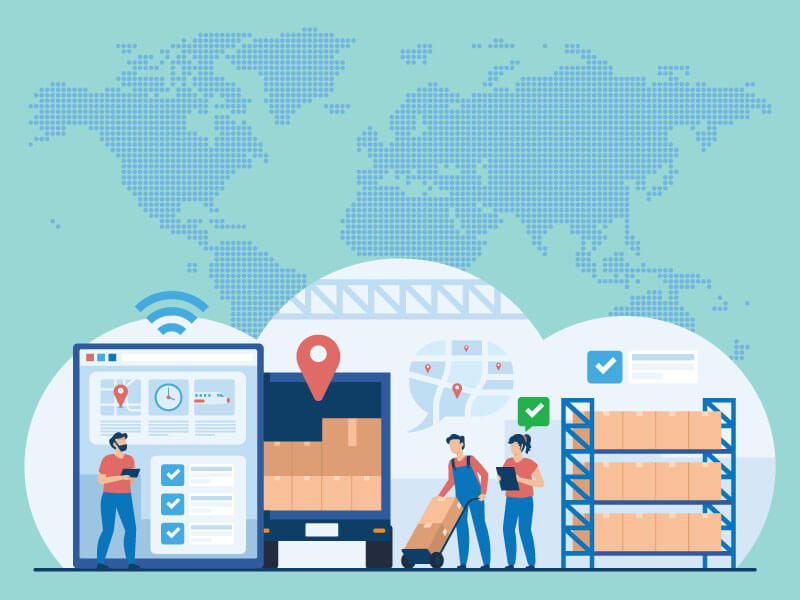 A digital image depicting warehouse workers loading a truck with boxes from warehouse shelves with a world map visible in the background, reinforcing the article's subject matter of becoming an importer.